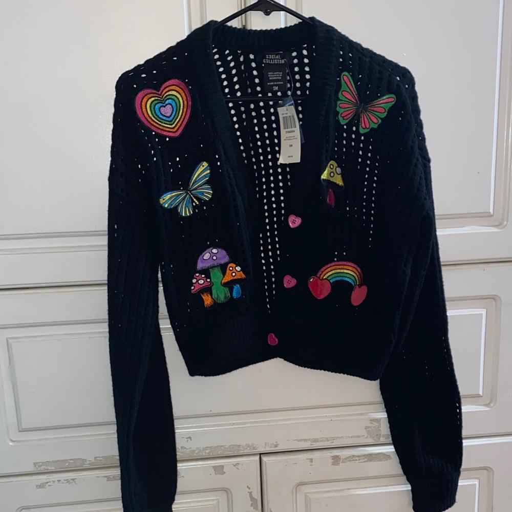 Colorful Embroidered Black Cardigan